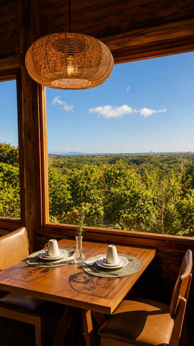 Breakfast table beside the panoramic window overlooking the green landscape